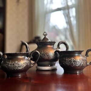Antique Black Silverplate Tea Set – Teapot, Creamer & Sugar Bowl (EPNS)